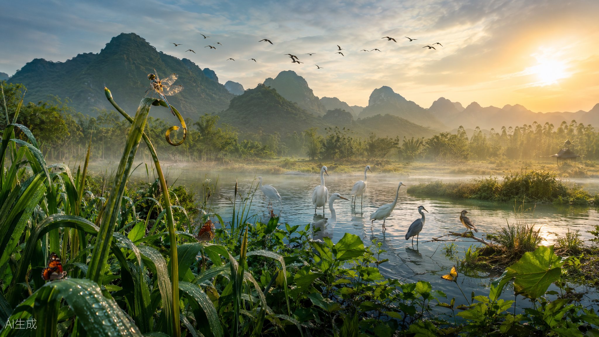 清晨湿地生态场景：白鹭、蜻蜓与远山